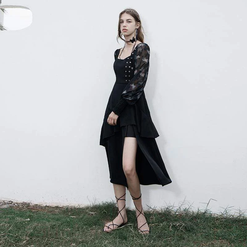 Mock Neck Women Long Sleeve Top for a Modern AestheticWomen's Grunge Square-cut Collar Irregular Black Long Sleeved Dresses Mock Neck Women Long Sleeve Top for a Modern AestheticWomen's Grunge Square-cut Collar Irregular Black Long Sleeved Dresses