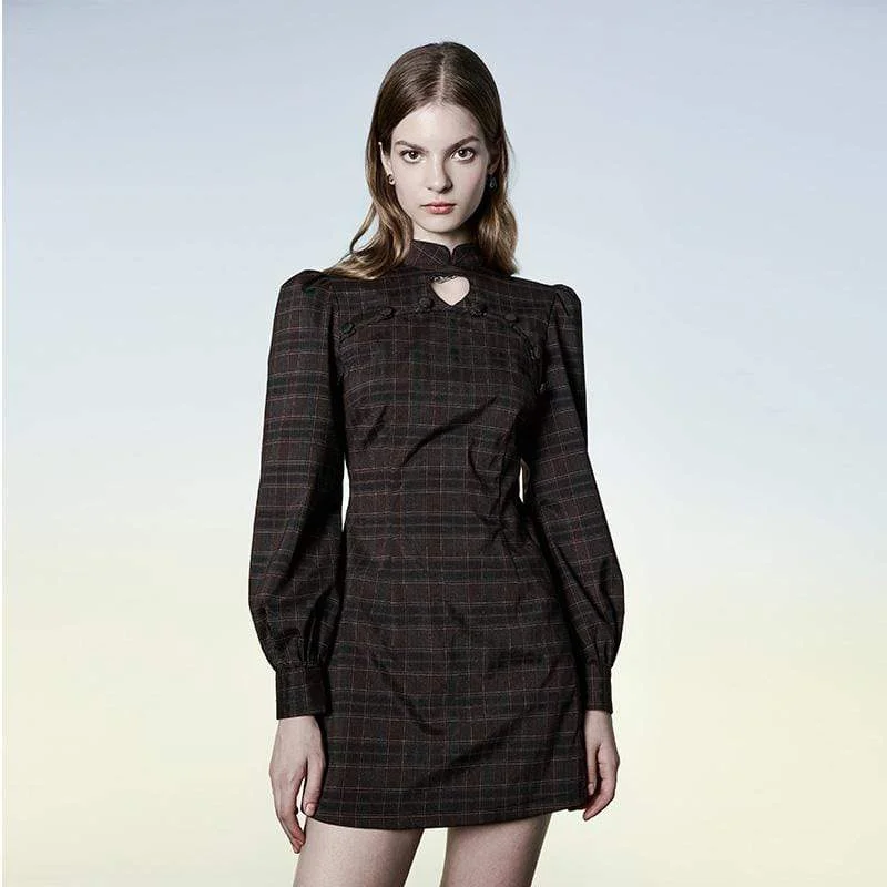 Ruffled Cuff Women Long Sleeve Top with a Feminine TouchWomen's Grunge Stand Collar Plaid Short Dress Ruffled Cuff Women Long Sleeve Top with a Feminine TouchWomen's Grunge Stand Collar Plaid Short Dress