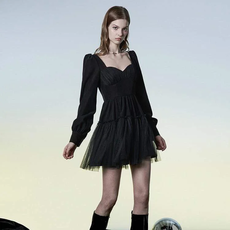 Mock Neck Women Long Sleeve Top for a Modern AestheticWomen's Punk Puff Sleeved Layered Black Dress Mock Neck Women Long Sleeve Top for a Modern AestheticWomen's Punk Puff Sleeved Layered Black Dress