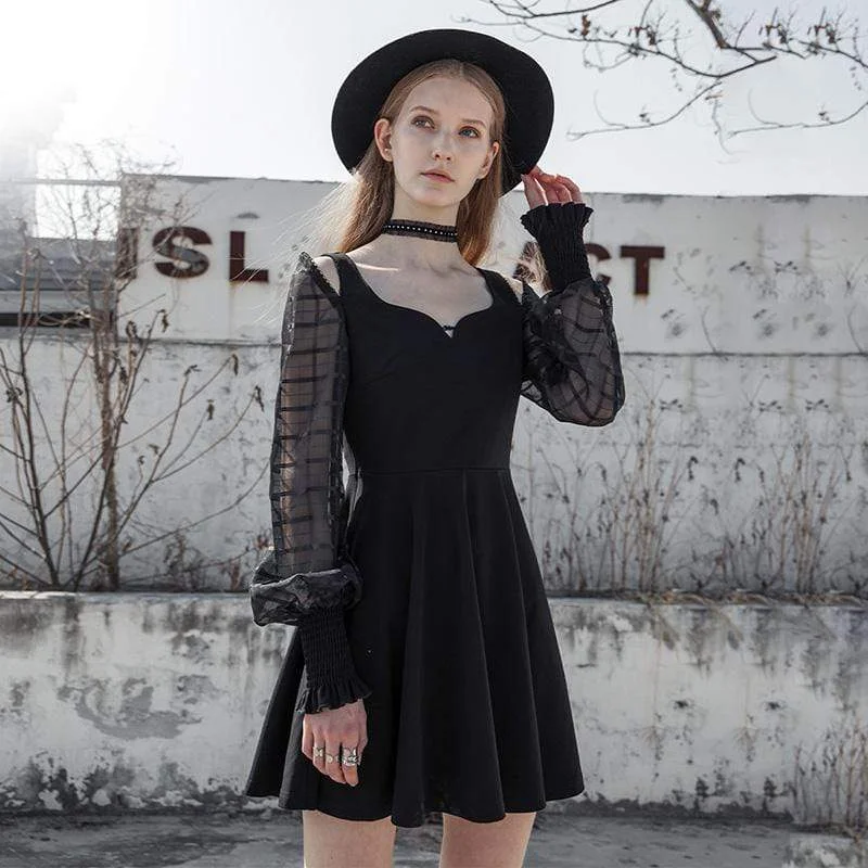 Women's Punk V-neck Puff Sleeved Chiffon Black Little Dresses