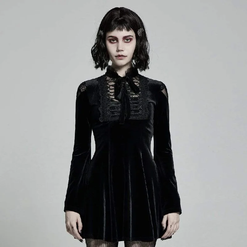Metallic Accent Women Long Sleeve Top for a Glamorous LookWomen's Victorian Gothic Flare Sleeved Velet Black Little Dresses with Bow Tie Metallic Accent Women Long Sleeve Top for a Glamorous LookWomen's Victorian Gothic Flare Sleeved Velet Black Little Dresses with Bow Tie