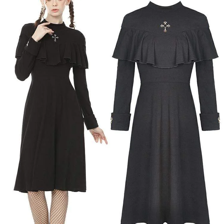 Women's Vintage Gothic Cross Cape Sleeve Black Little Dress