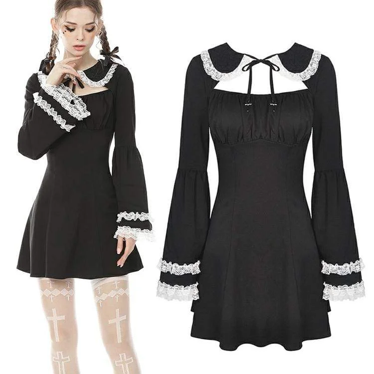 Women's Vintage Gothic Puff Sleeves Black Little Dresses Maid Dresses