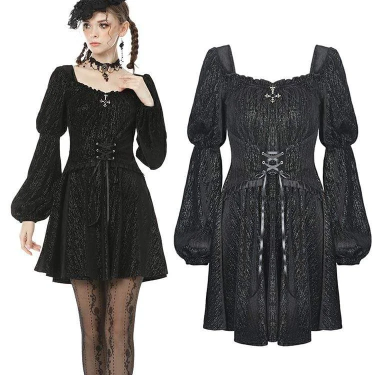 Women's Vintage Gothic Square Collar Puff Sleeved Velet Dress