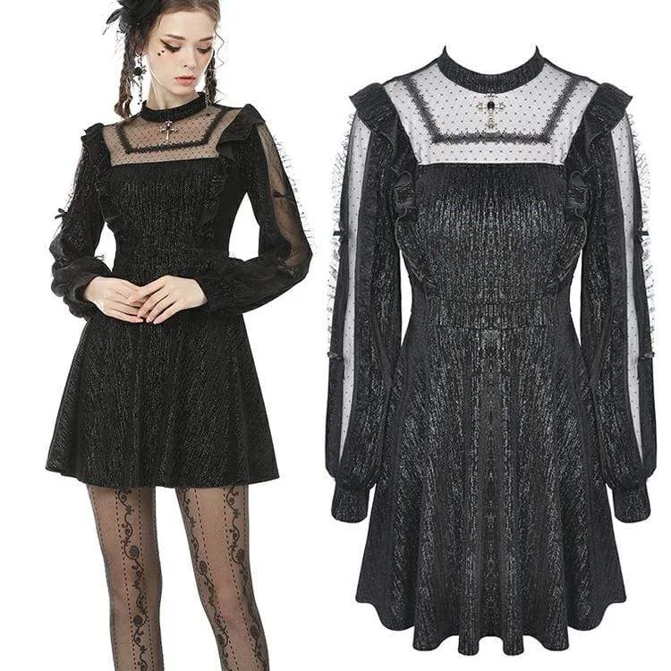 Women's Vintage Gothic Square Collar Sheer Sleeve Black Little Dresses