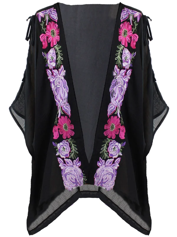 Hooded cover ups for windy beach daysBlack Cold Shoulder Floral Embroidered Kimono Cover Up Top Hooded cover ups for windy beach daysBlack Cold Shoulder Floral Embroidered Kimono Cover Up Top