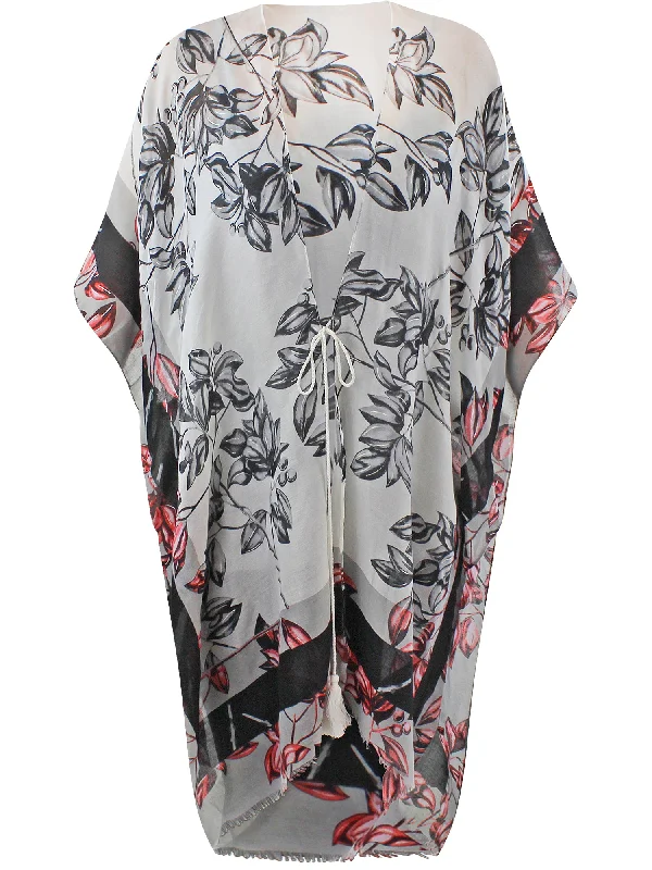 Black White & Red Floral Chiffon Long Kimono Beach Cover Up