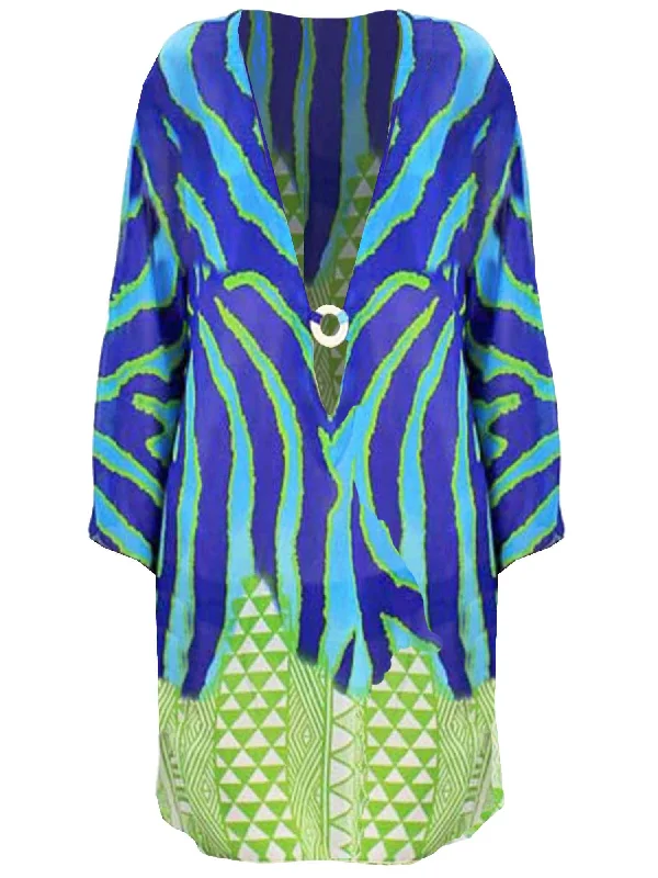 Anti - UV ray cover ups for outdoor summer activitiesBlue & Green Wild Stripe Aztec Print Cover Up Anti - UV ray cover ups for outdoor summer activitiesBlue & Green Wild Stripe Aztec Print Cover Up