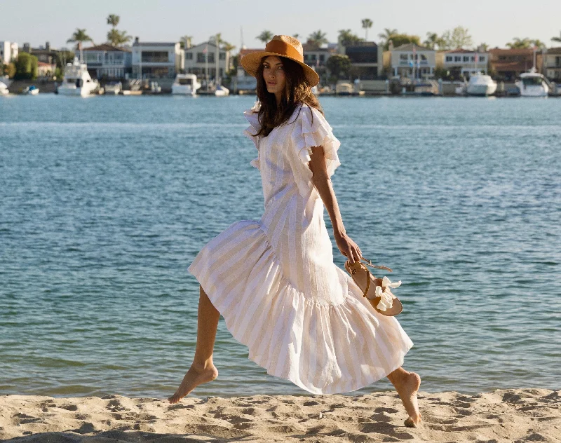 Hand - embroidered lace cover ups for a romantic and elegant beach outfitClara Cover-Up Dress - Beige Linen Stripe Hand - embroidered lace cover ups for a romantic and elegant beach outfitClara Cover-Up Dress - Beige Linen Stripe