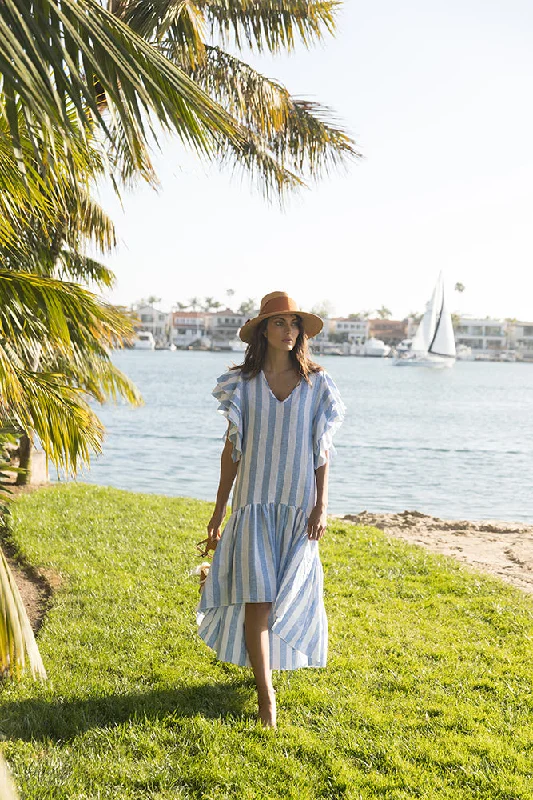 Hooded cover ups for windy beach daysClara Cover-Up Dress - Blue Linen Stripe