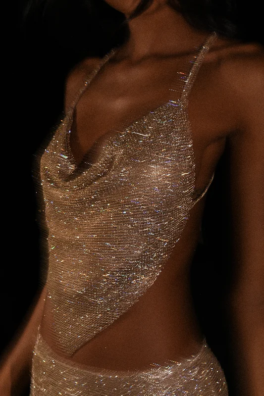 Sequin - Embellished Women's Crop Top in Black for a Glamorous Party LookDaphne Diamante Cowl Neck Halter Top - Gold Sequin - Embellished Women's Crop Top in Black for a Glamorous Party LookDaphne Diamante Cowl Neck Halter Top - Gold