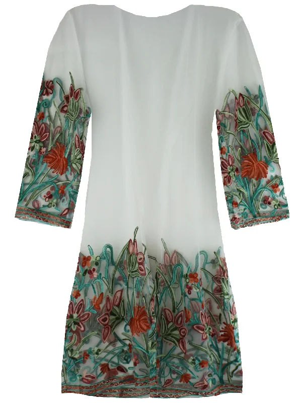 Minimalist - designed cover ups for a sleek and simple beach appearanceIvory Floral Embroidered Mesh Kimono Cover Up Minimalist - designed cover ups for a sleek and simple beach appearanceIvory Floral Embroidered Mesh Kimono Cover Up