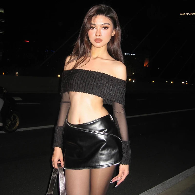 Backless Women's Crop Top in Black for a Sensual and Alluring Evening OutfitMesh Sleeve Off Shoulder Crop Top Backless Women's Crop Top in Black for a Sensual and Alluring Evening OutfitMesh Sleeve Off Shoulder Crop Top