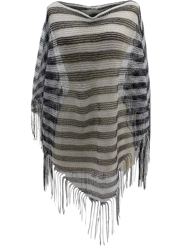 Thermal - lined cover ups for cooler beach eveningsBlack & White Stripe Metallic Mesh Poncho Shawl Thermal - lined cover ups for cooler beach eveningsBlack & White Stripe Metallic Mesh Poncho Shawl