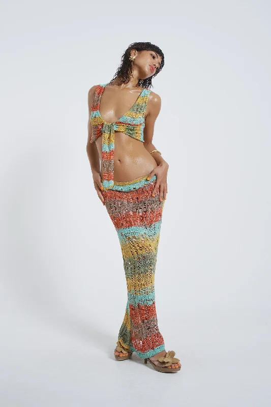 Knee - length cover ups for a versatile and practical beachwear optionOdette Striped Laddered Knit Maxi Skirt Knee - length cover ups for a versatile and practical beachwear optionOdette Striped Laddered Knit Maxi Skirt