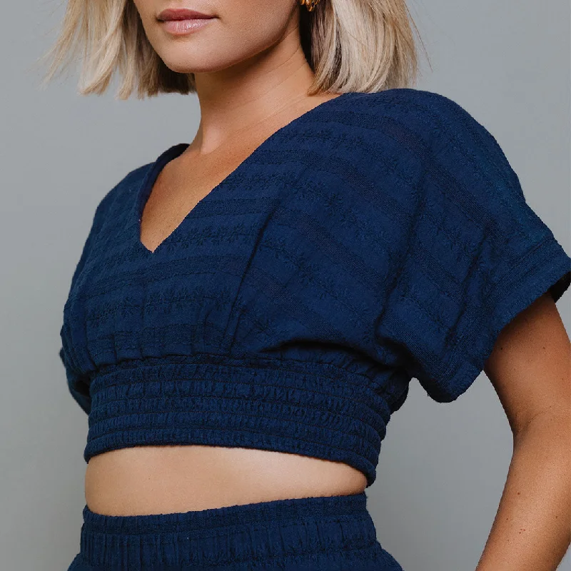 Long - sleeved cover ups for added sun protection and warmthSmocked Crop Blouse, Navy Long - sleeved cover ups for added sun protection and warmthSmocked Crop Blouse, Navy